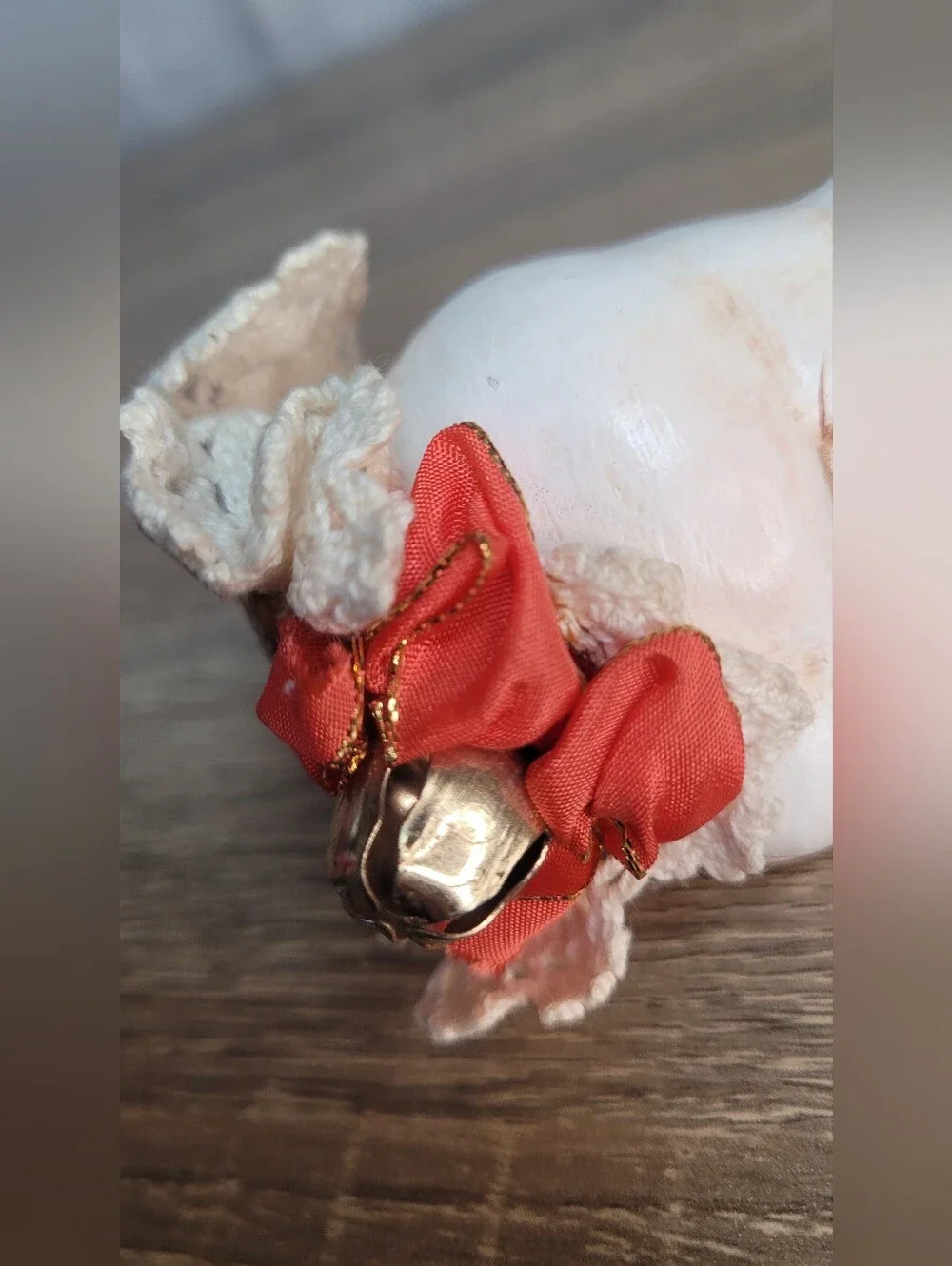 Vintage Whimsical Hand-Painted Bunny Rabbit Ornament W/ Lace Collar Farmhouse